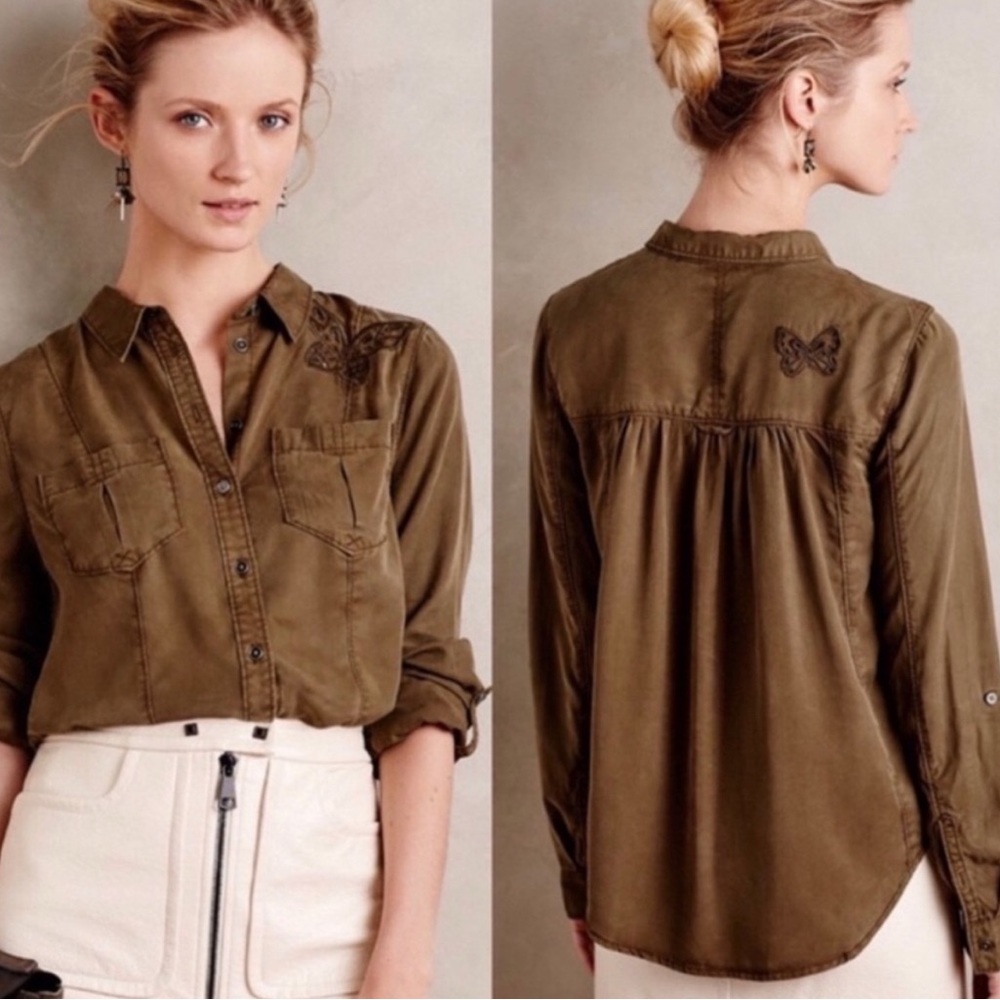 Anthropologie Holding Horses Womens Shirt Green Y2k Buttefly Embroidered 4